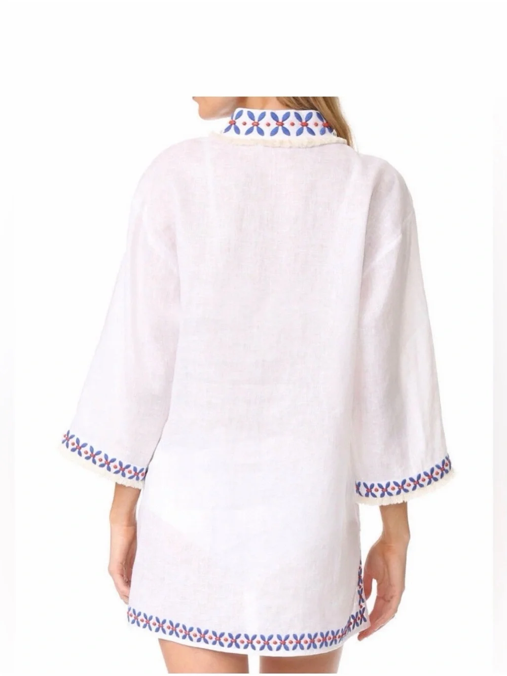 Tory Burch White Tunic with Blue Leaf & Red Dot Embroidery